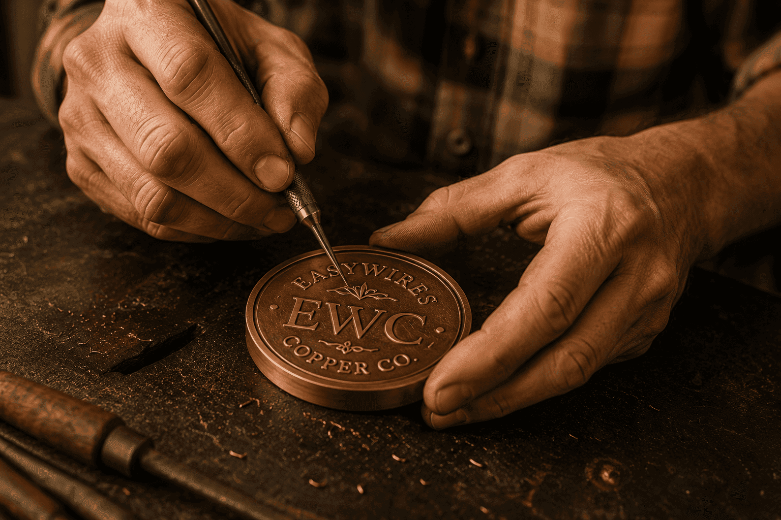 Artisan carefully engraving a copper coin